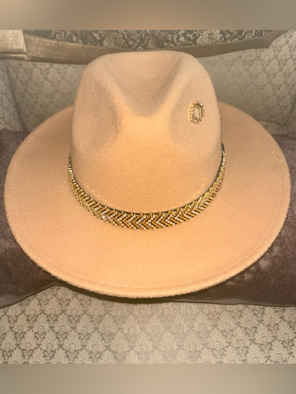 Beige Wide-Brim Fedora Hat with Gold Beaded Band